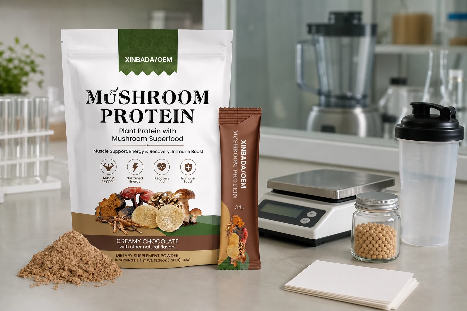 Protein powder package beside sourcing samples and specification tools