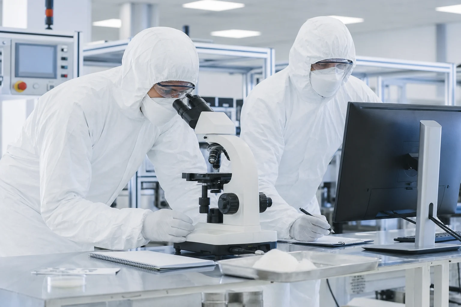 Laboratory staff conducting protein powder quality checks at microscopes