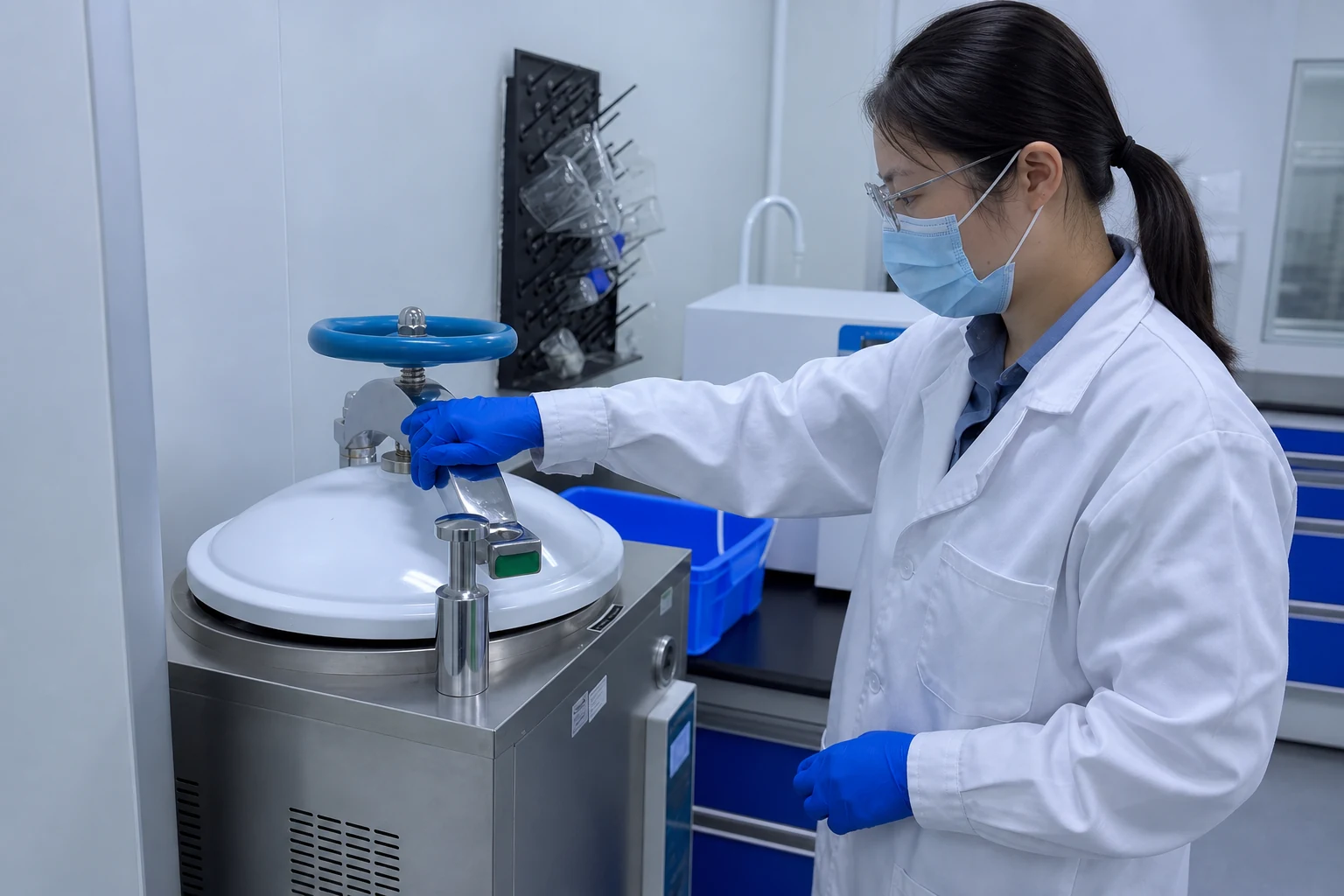 Technician inspecting stainless processing equipment in a supplement facility