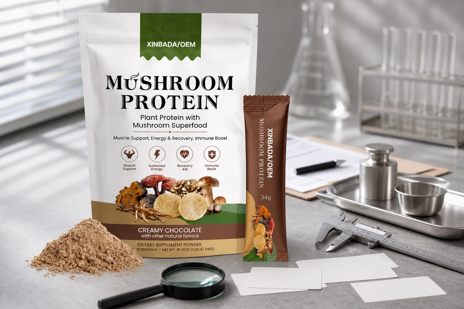 Mushroom protein powder package reviewed on a clean supplier-audit desk