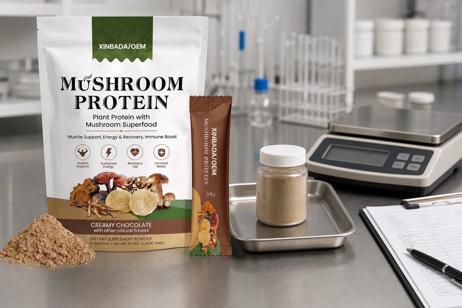 Protein powder package at an incoming-quality inspection bench with sample review materials