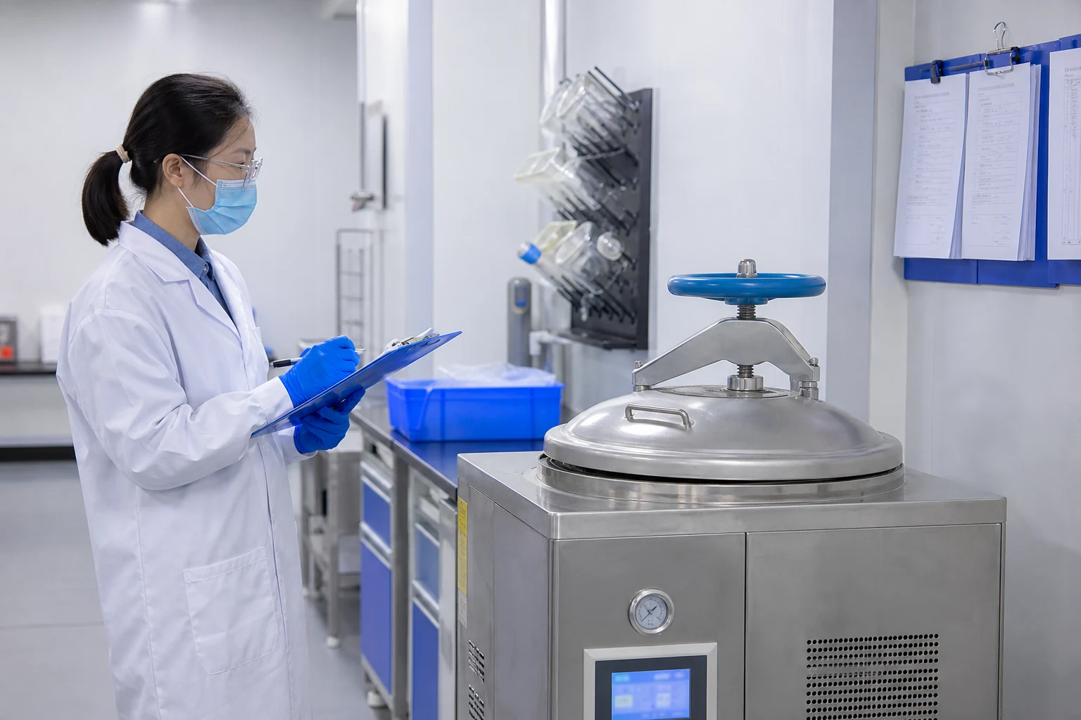 Technician inspecting stainless protein powder processing and transfer equipment