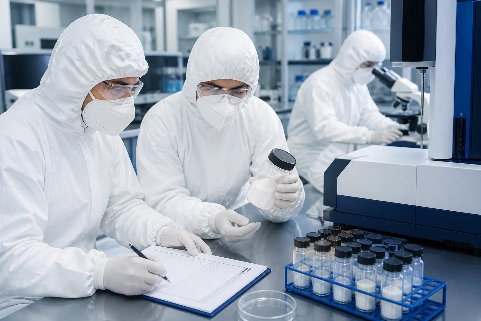 Quality-control analysts reviewing protein samples and laboratory instruments