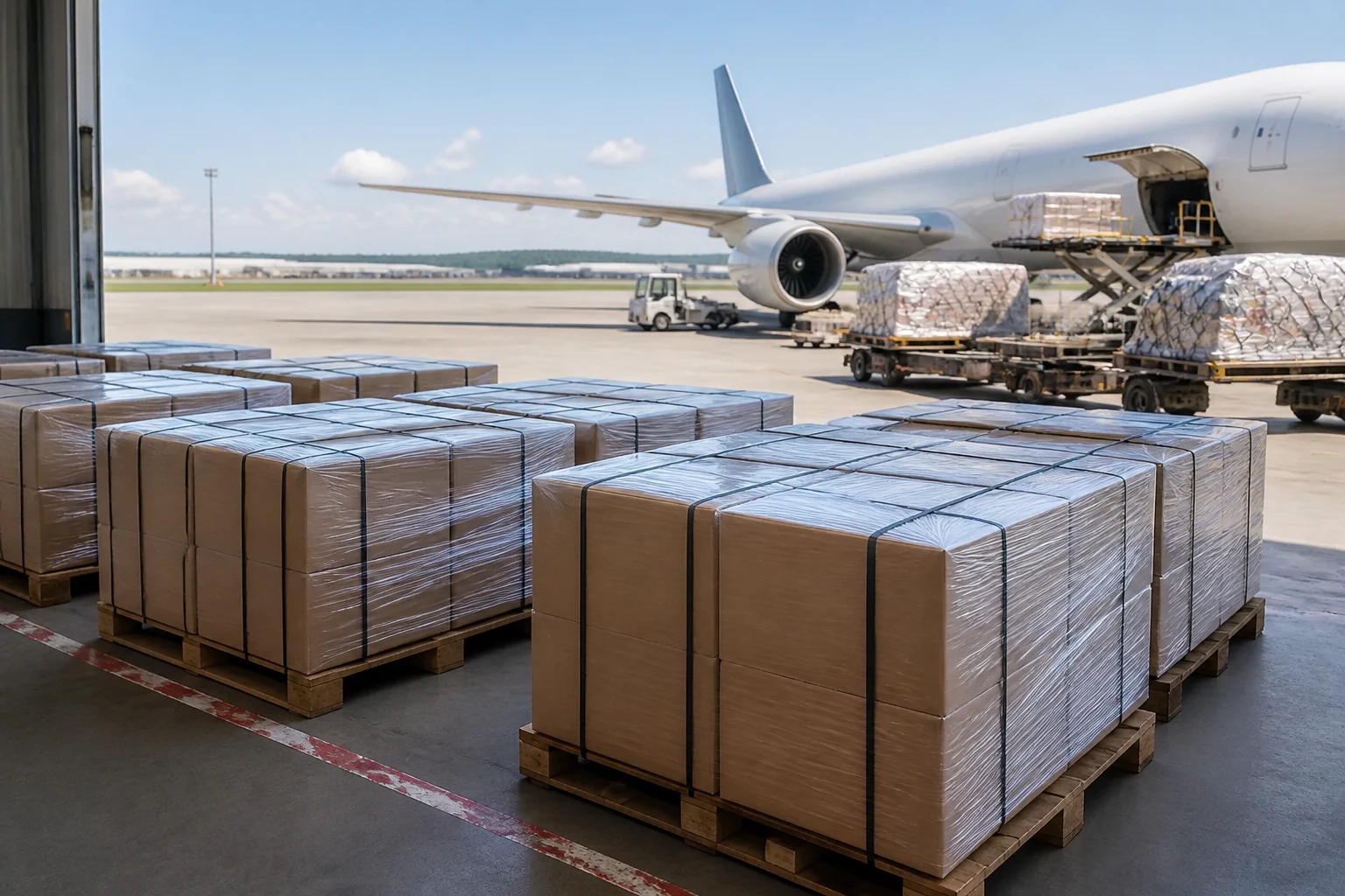 Sealed ingredient cartons moving through an air-freight logistics operation