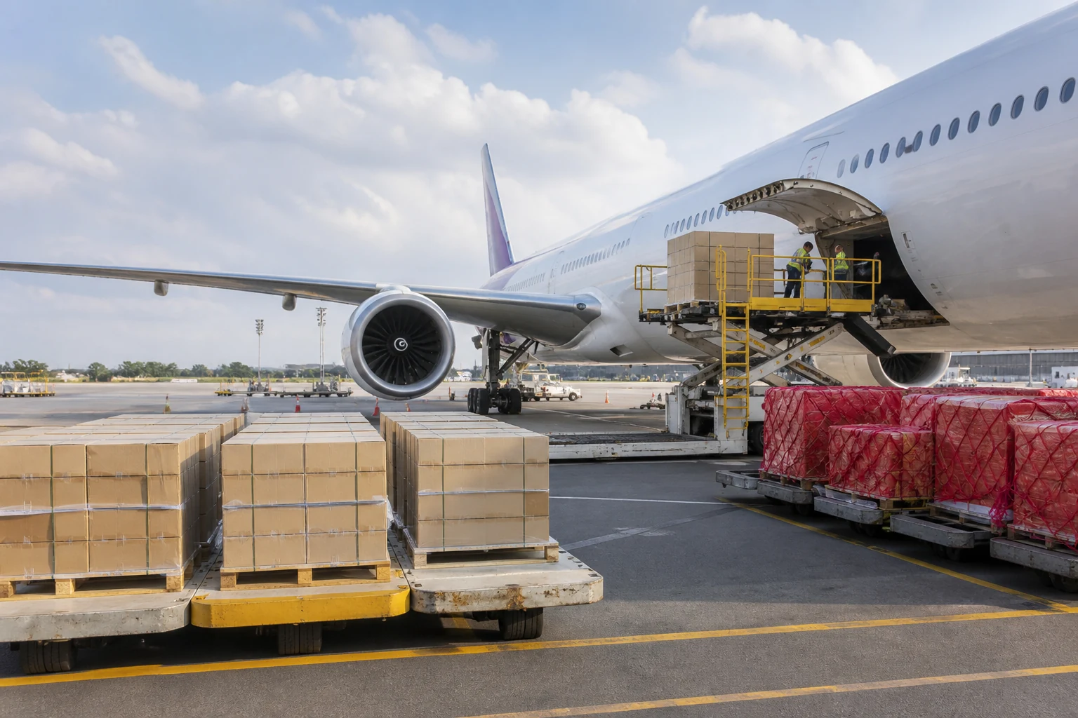 Unbranded cargo pallets separated for outbound release at an air-freight terminal