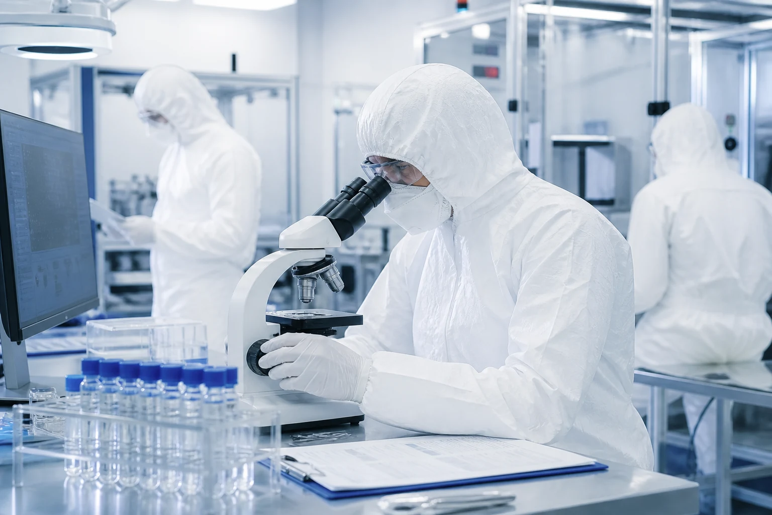 Laboratory personnel using a microscope during supplement sample review