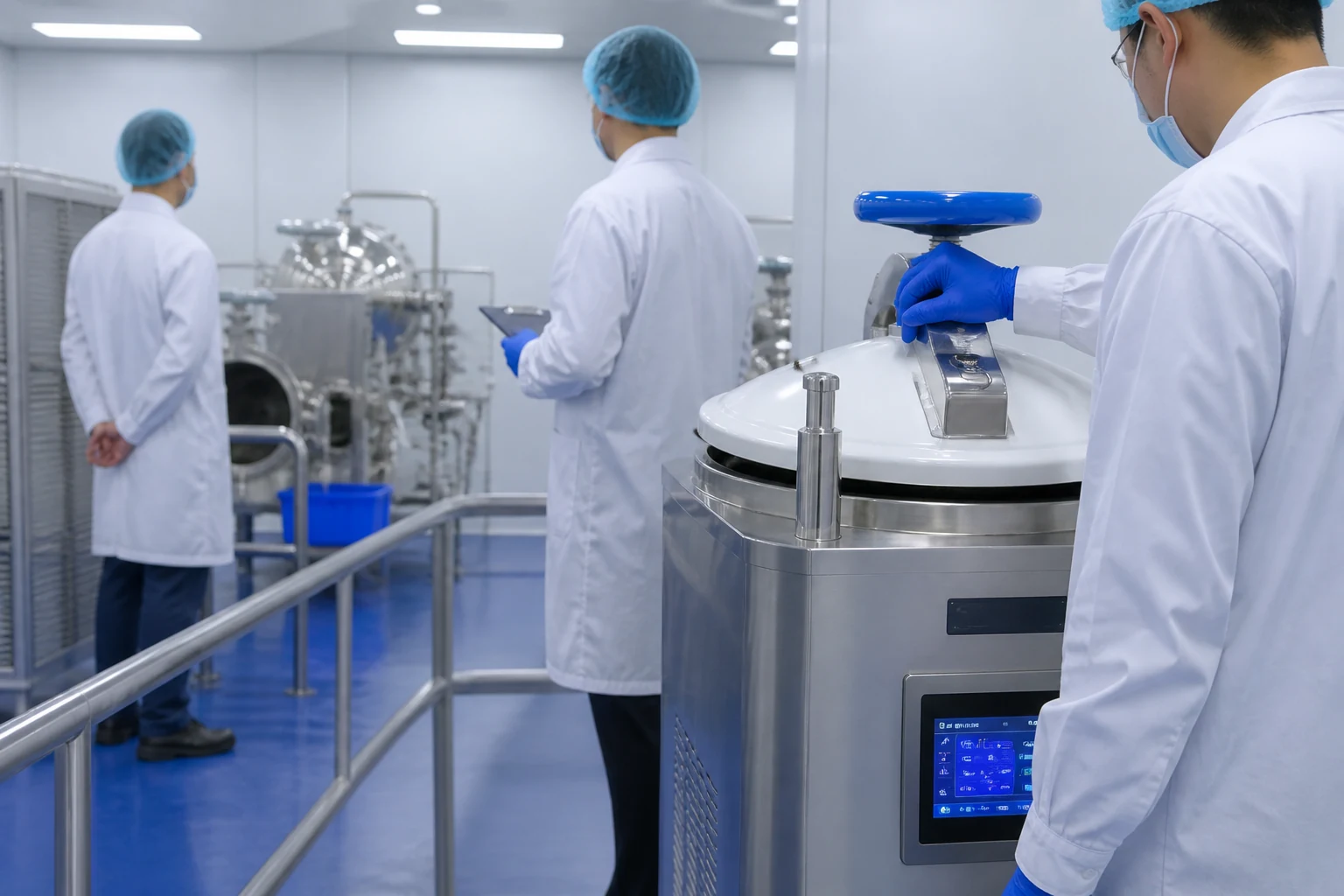 Technicians reviewing stainless processing equipment during a factory quality audit
