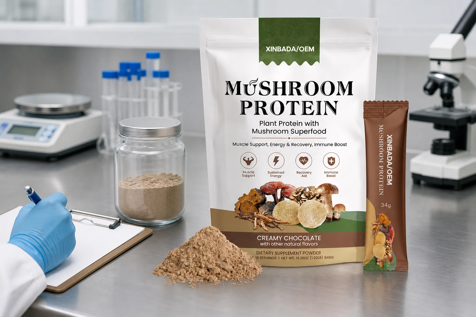 Branded protein powder package inspected beside a sample jar on a quality-control bench