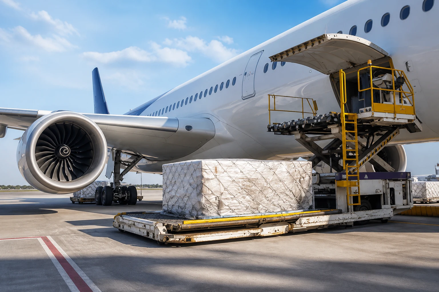 Sealed palletized freight staged beside an aircraft for released-lot logistics