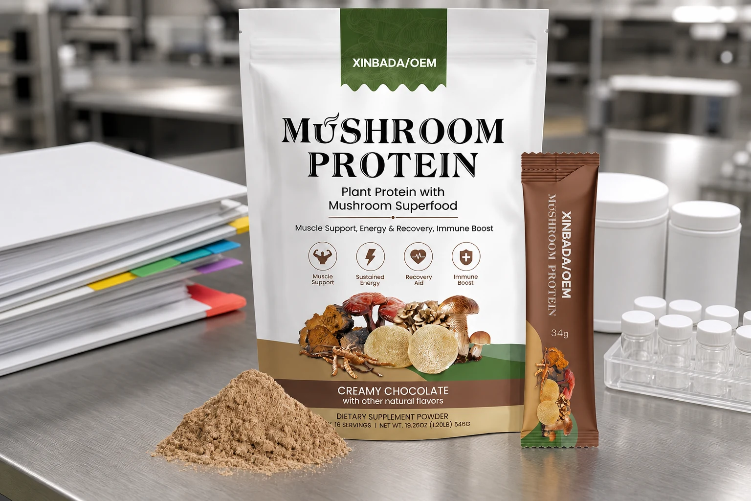 Mushroom protein package reviewed beside blank supplier-audit folders and neutral sample containers