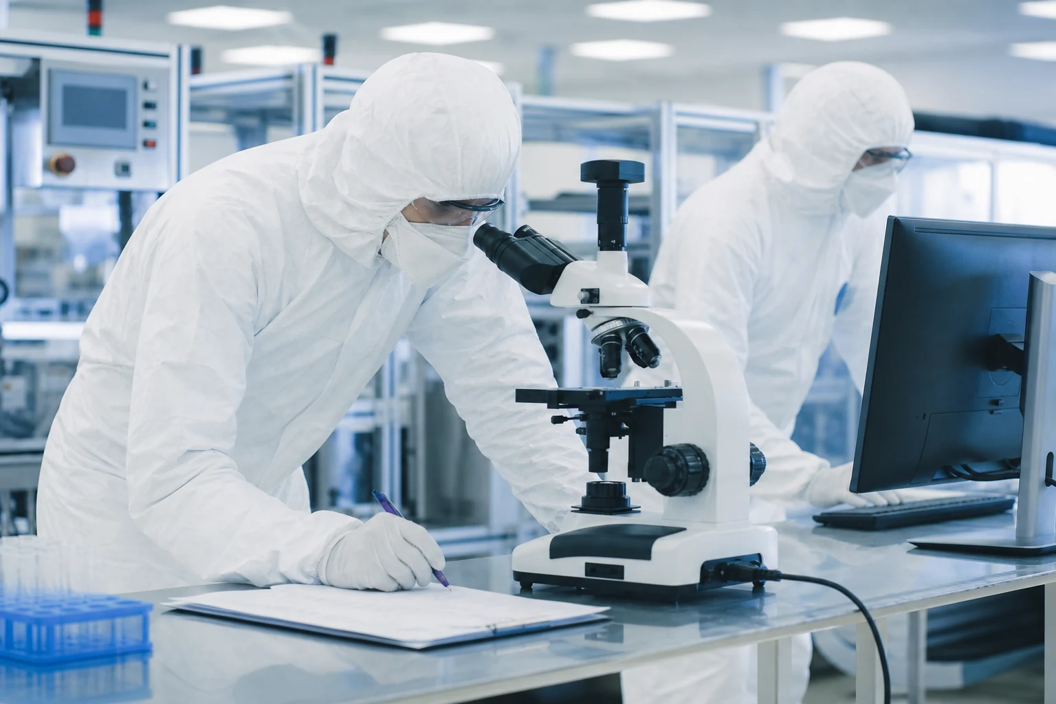 Quality personnel reviewing samples with a microscope in a controlled laboratory