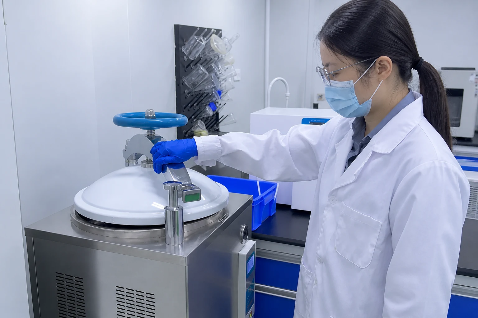 Technician operating stainless process equipment at a clean supplement production control point