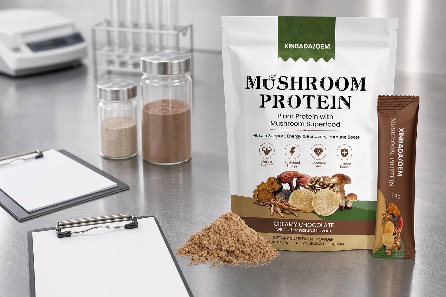 Xinbada mushroom protein packaging beside blank quality-review documents