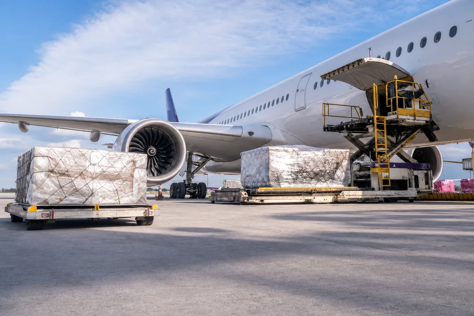 Sealed cargo handled beside a freight aircraft for shipment traceability