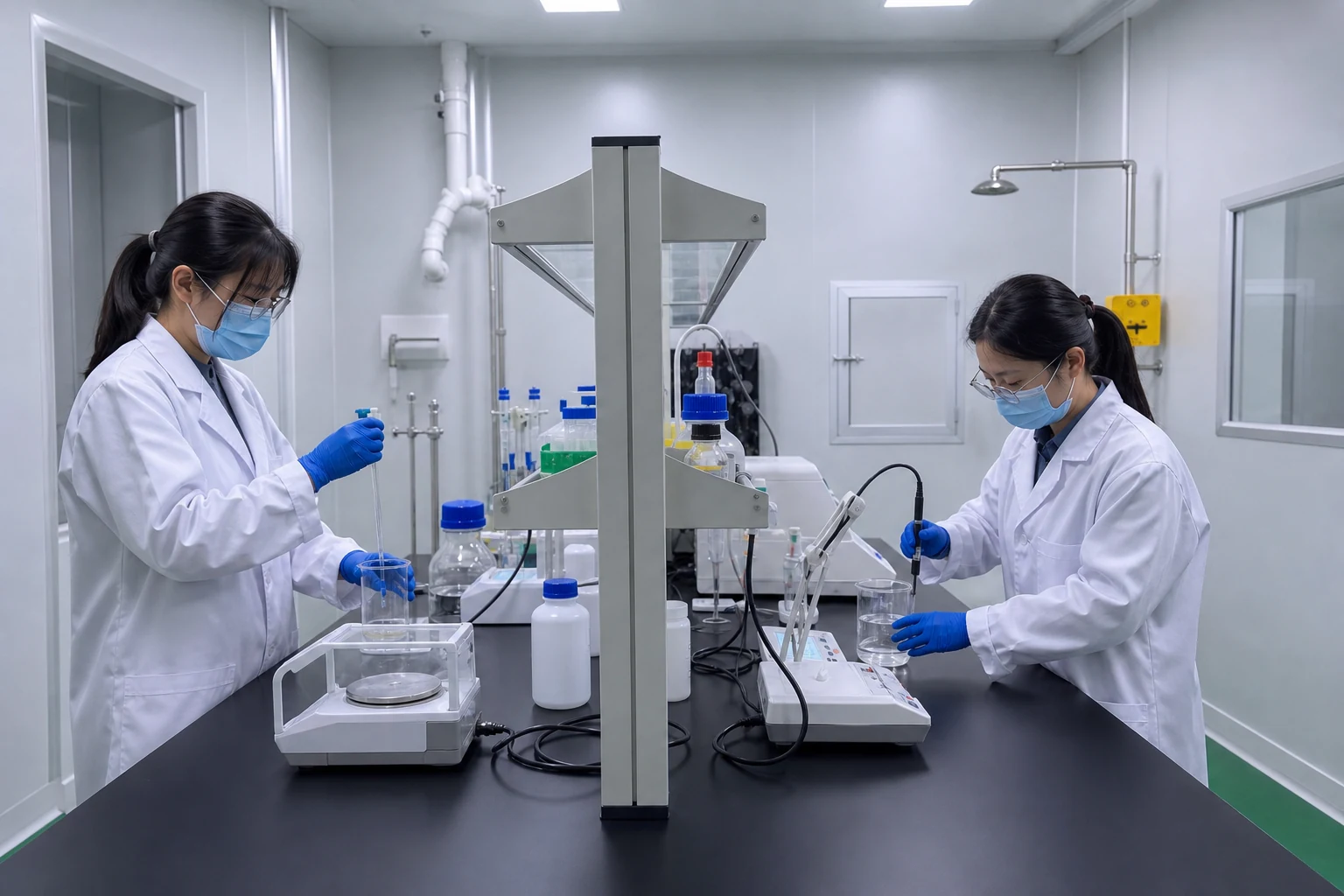 Quality-control technicians preparing samples at a laboratory bench