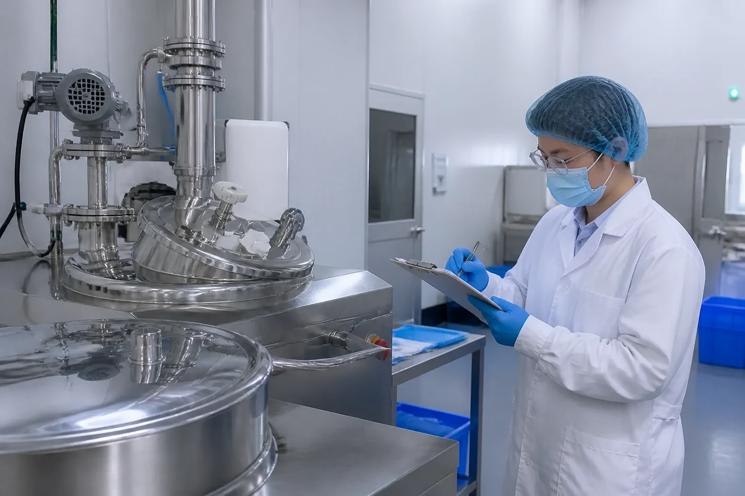 Technician documenting checks on stainless powder-processing equipment