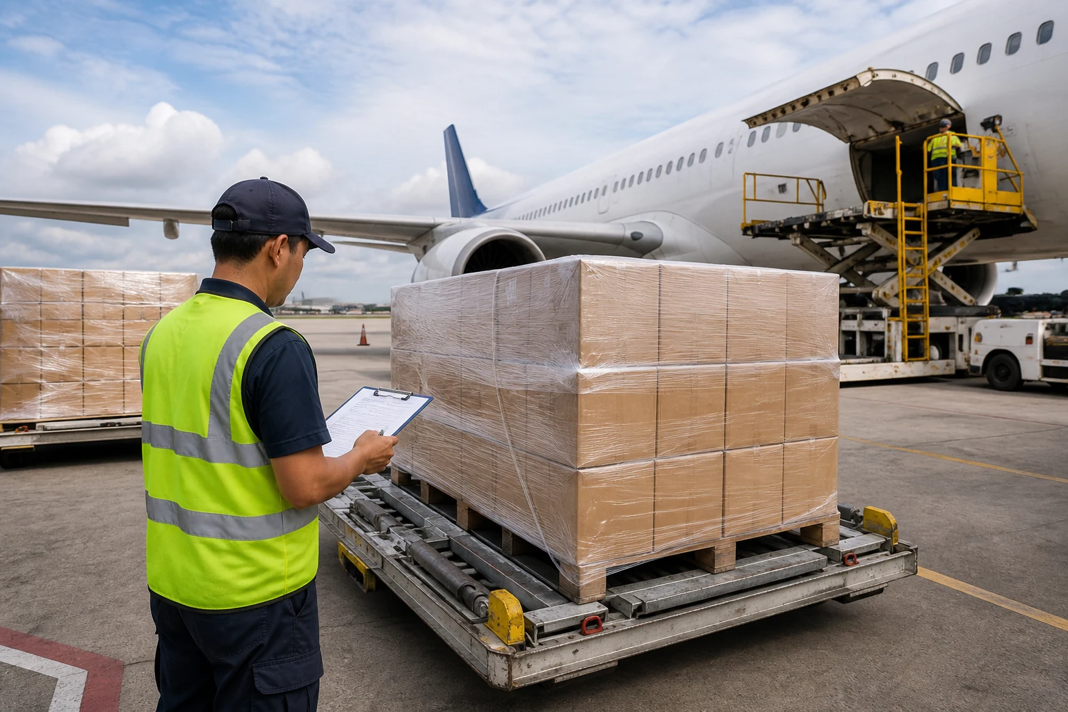 Protected cartons undergoing an outbound air-freight handling check