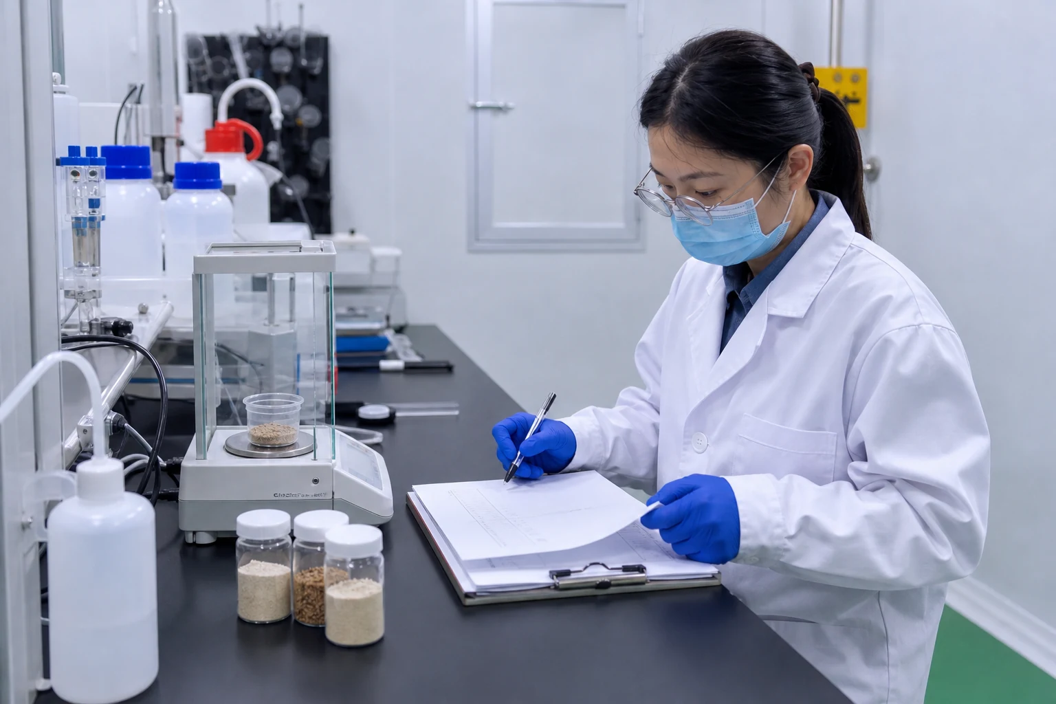 Laboratory analyst reviewing unbranded plant protein samples and weighing records