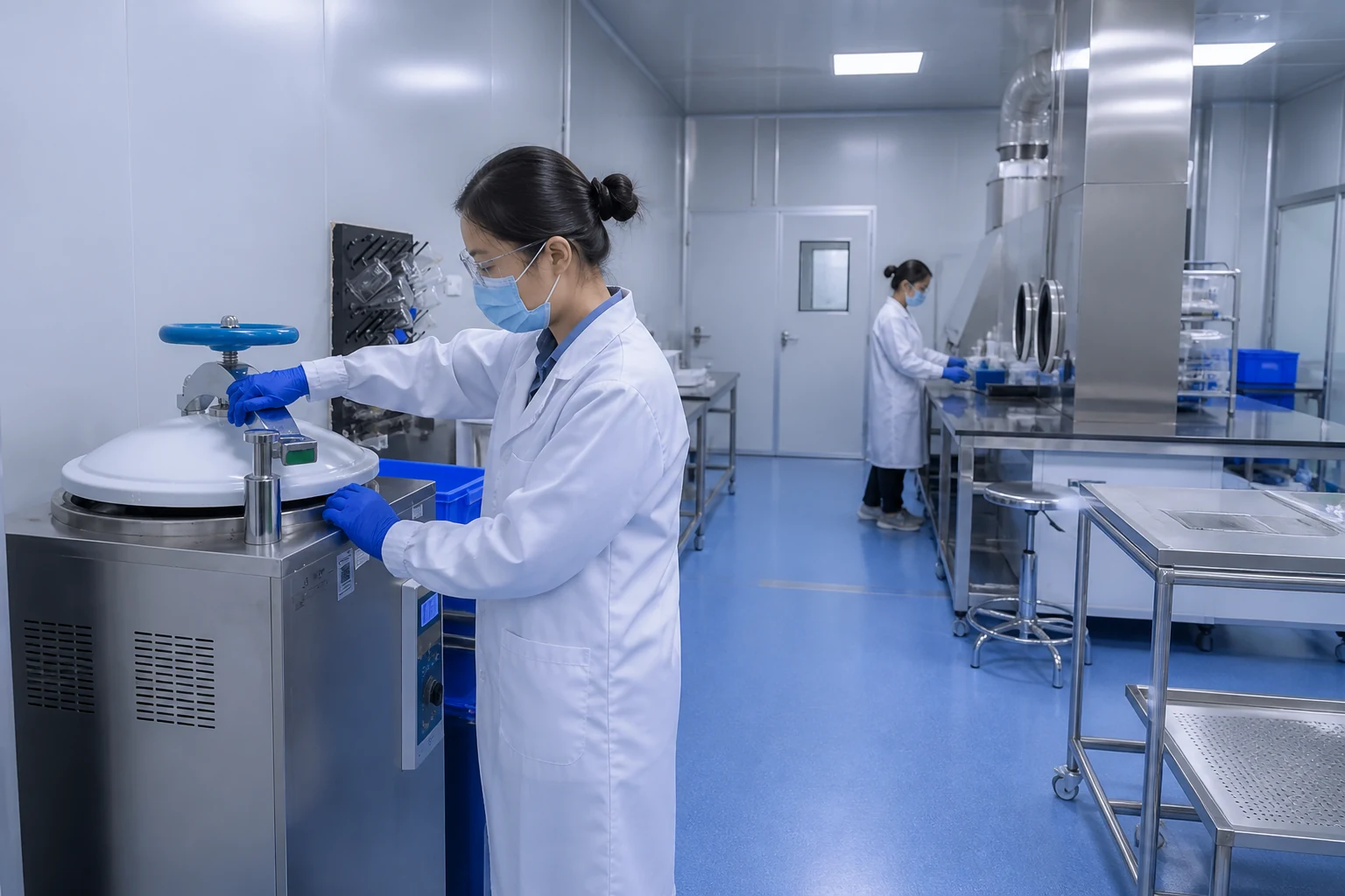 Technicians operating stainless powder processing equipment in a controlled room