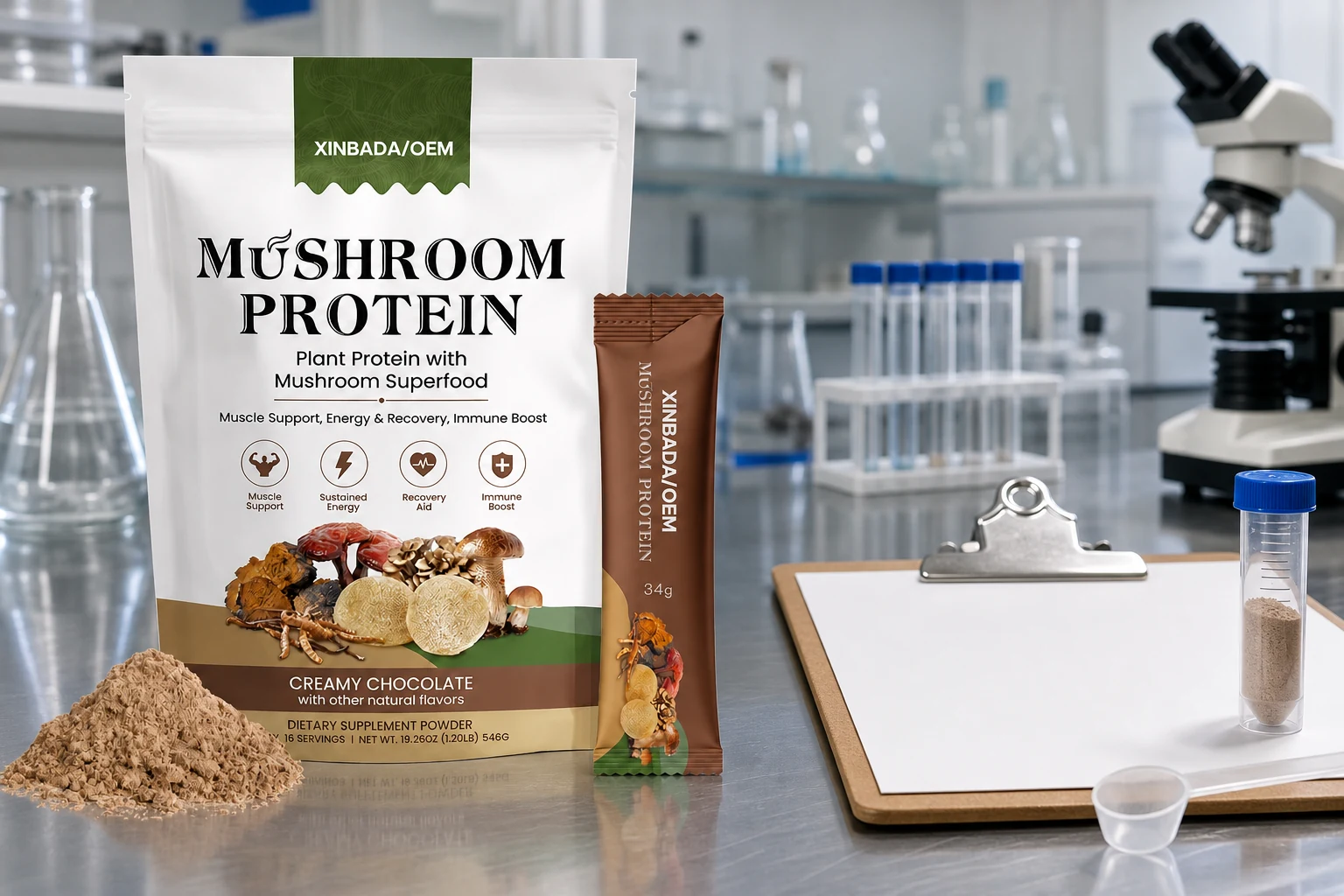 Branded mushroom plant protein pouch arranged for formula and evidence review