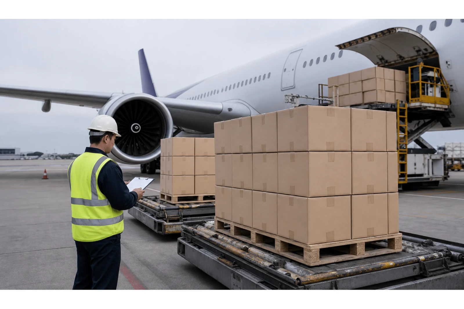 Unbranded supplement cartons staged for controlled outbound air logistics