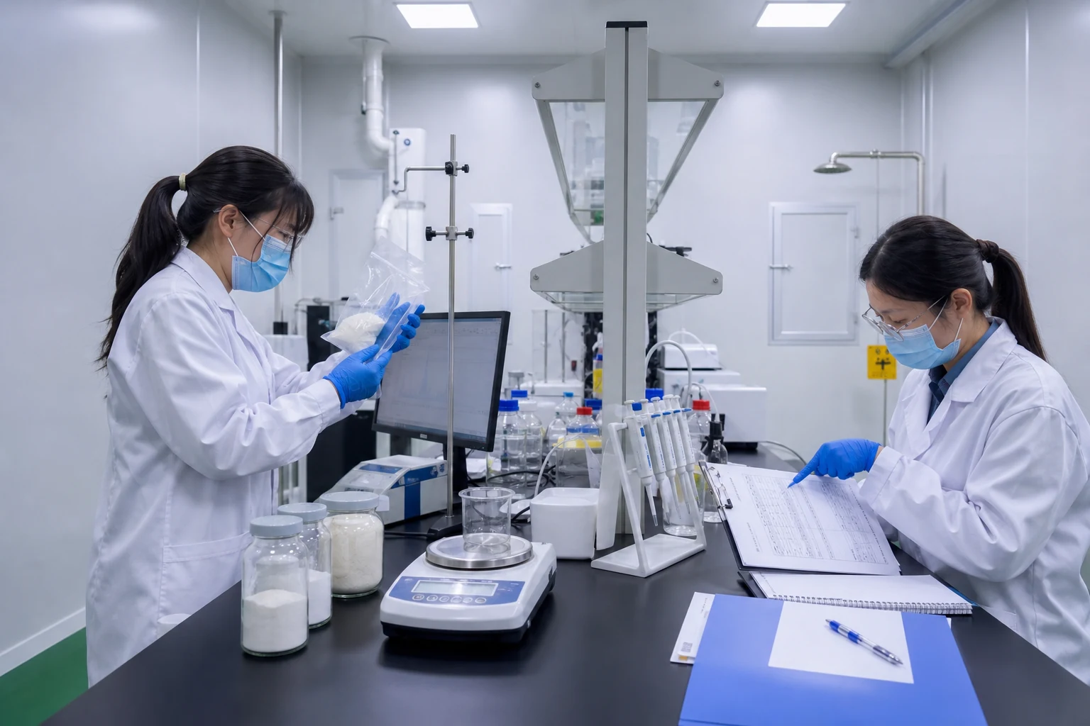 Laboratory technicians reviewing powder samples and quality documentation