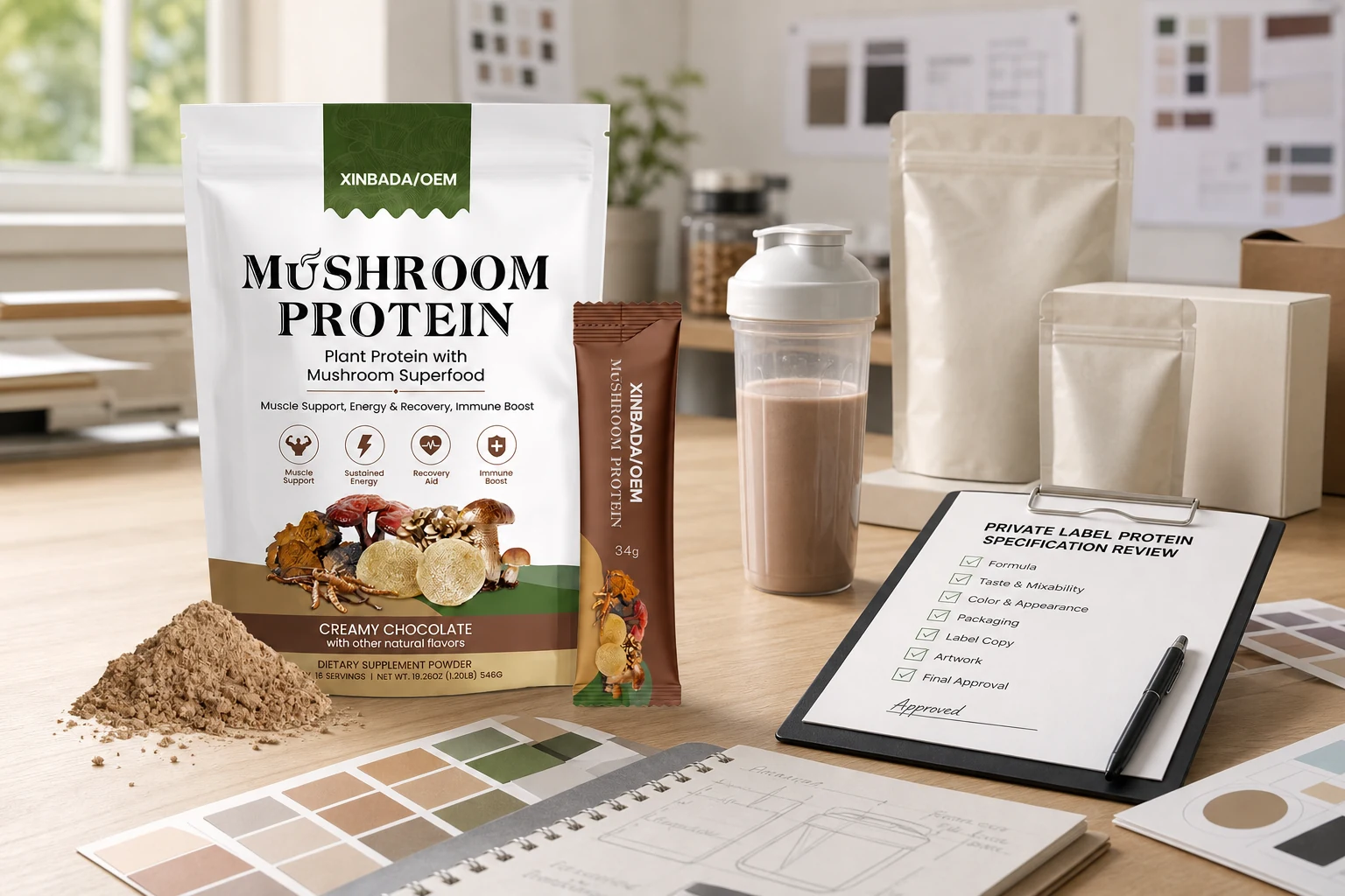 Locked Xinbada protein pouch beside a private label specification review checklist