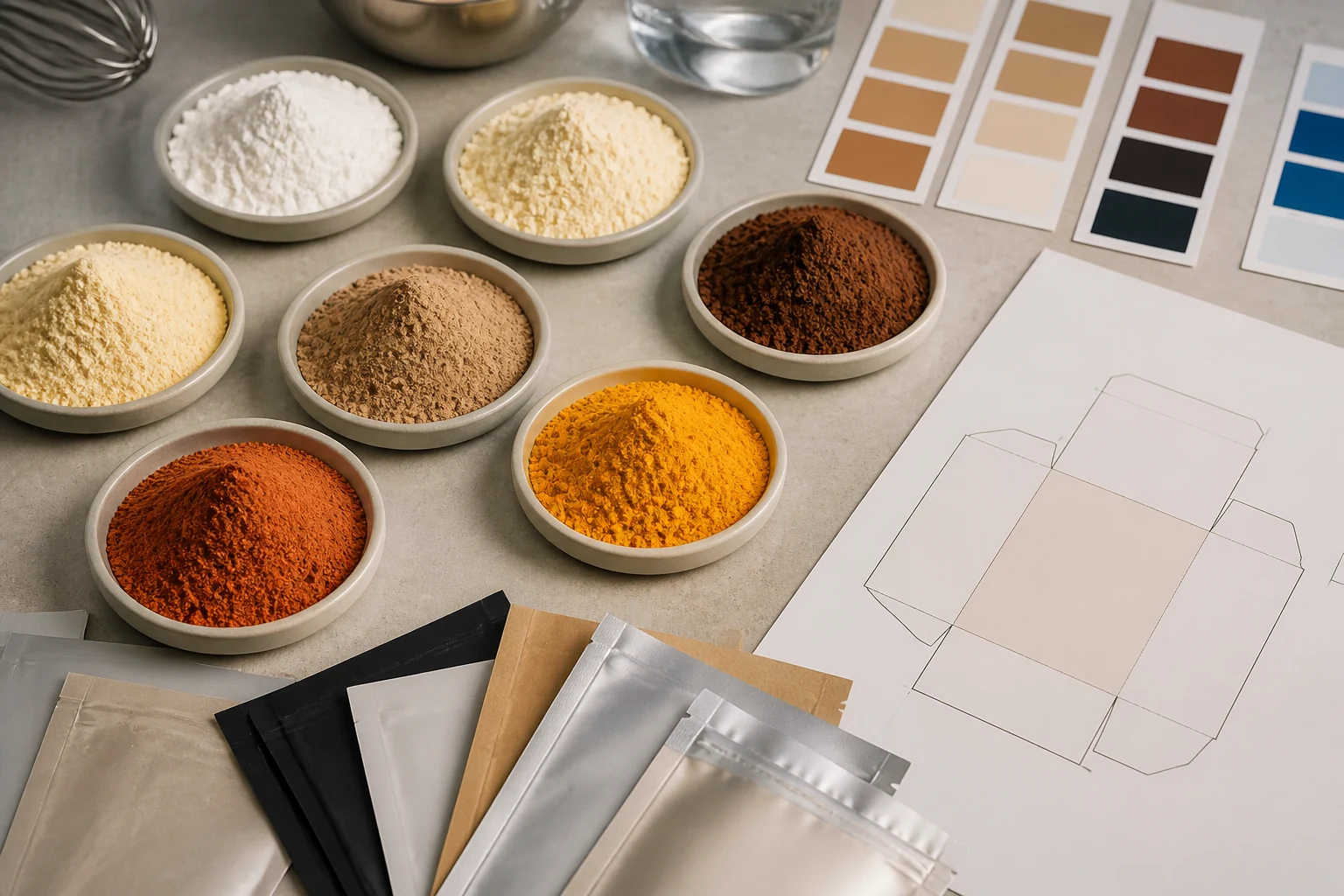 Powder samples, package materials, and color swatches arranged for product development