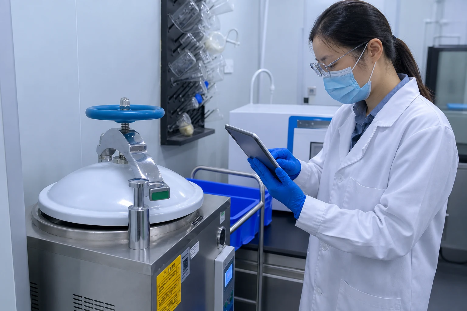 Technician checking stainless powder processing equipment during batch preparation