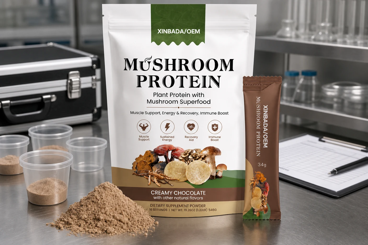 Branded mushroom protein pouch reviewed with a specification folder and sample scale