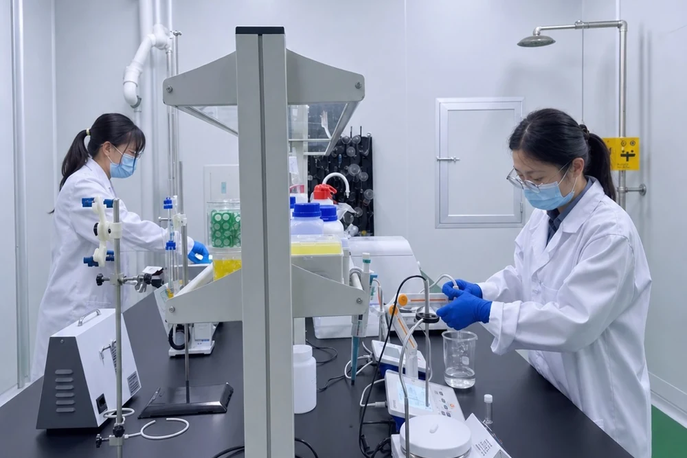 Quality-control specialists examining samples and instruments at a laboratory bench