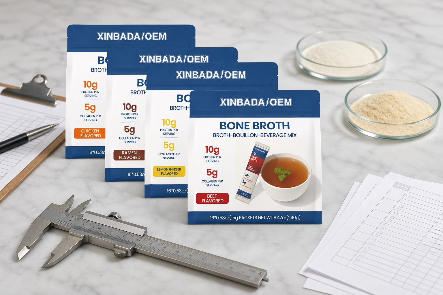 Branded bone broth collagen powder packs arranged for specification and sample comparison