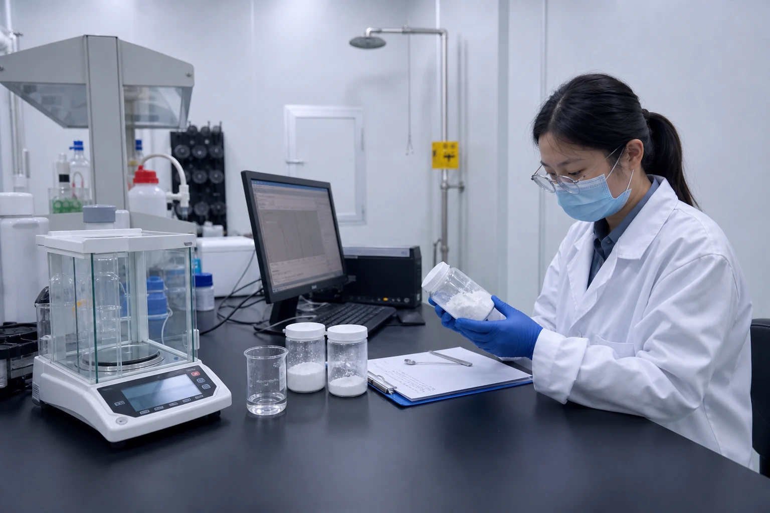 Laboratory analyst reviewing powder samples before batch release