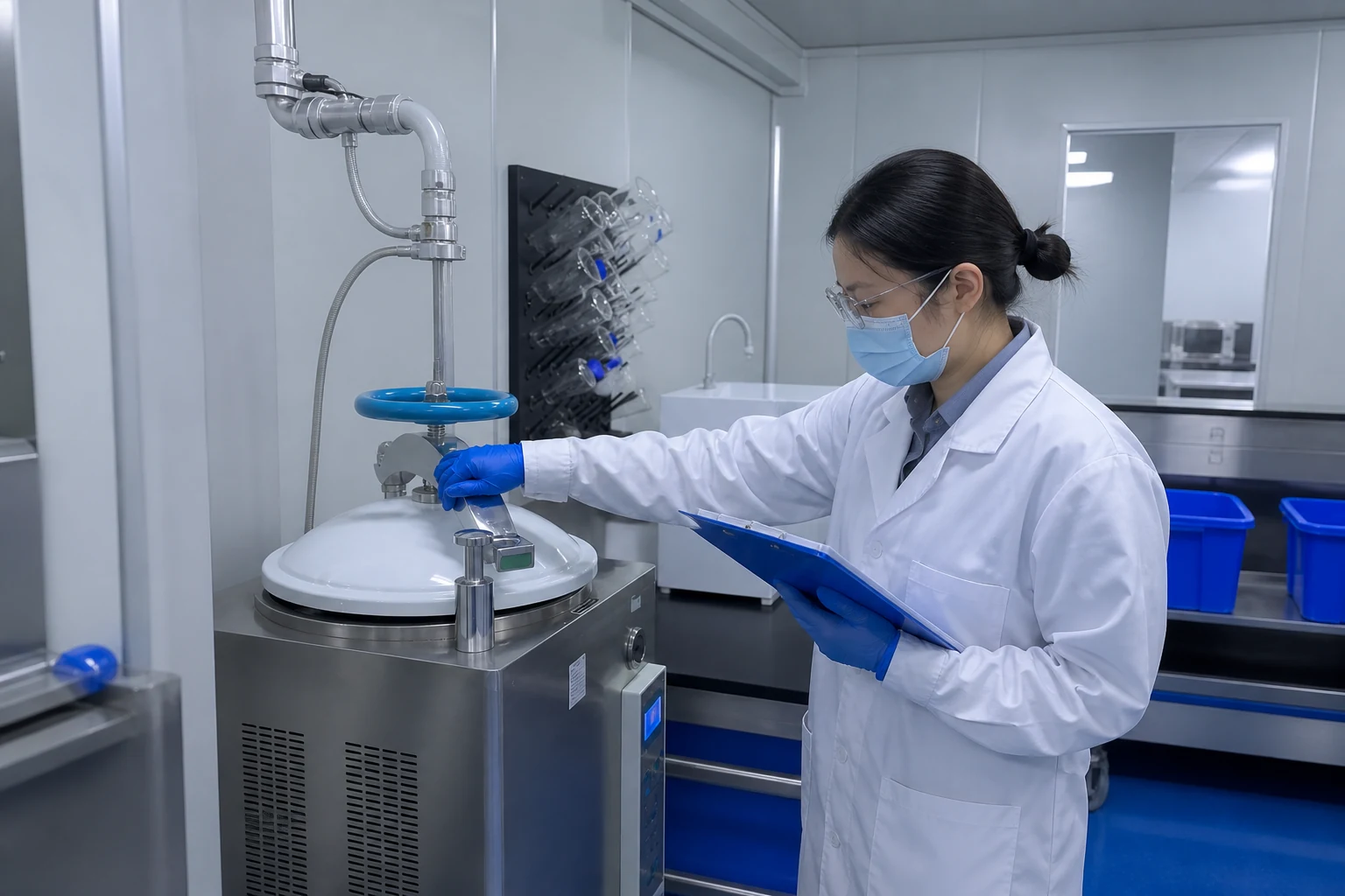 Technician checking powder processing equipment during production