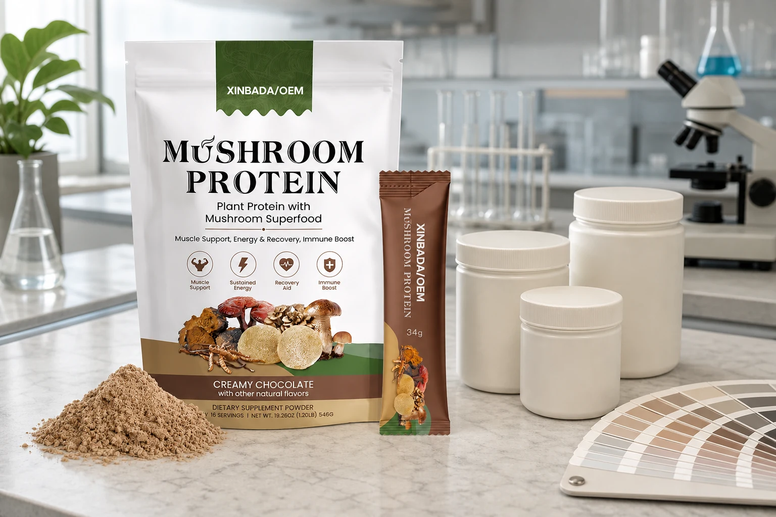 Branded mushroom protein package on a formulation approval bench