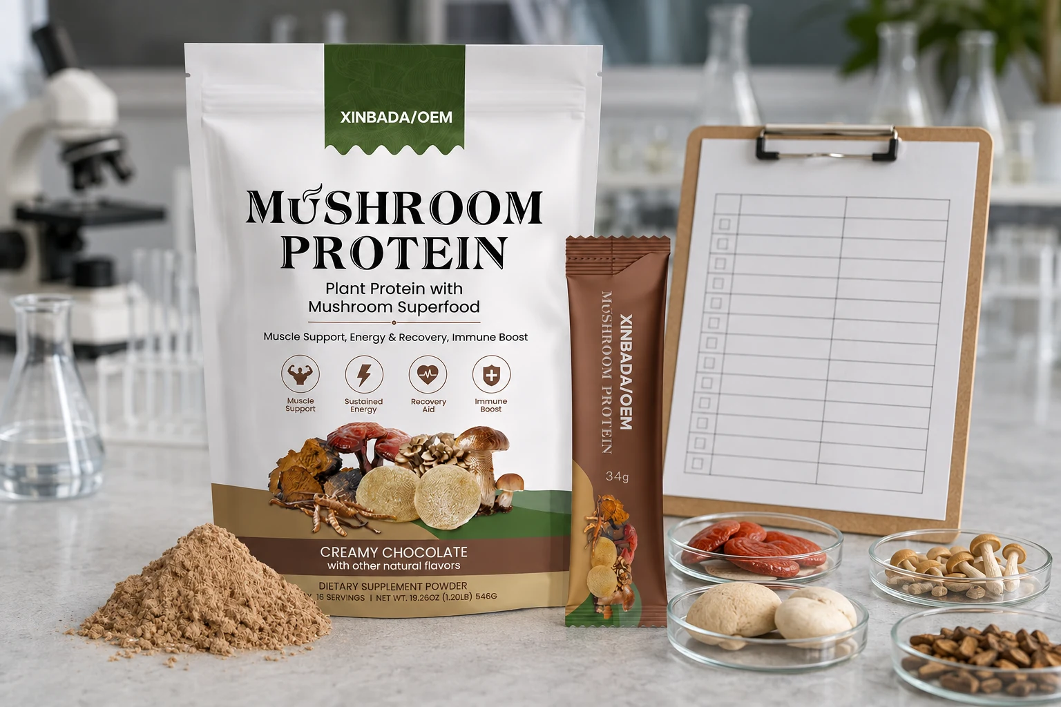 Branded mushroom protein package beside a laboratory approval checklist