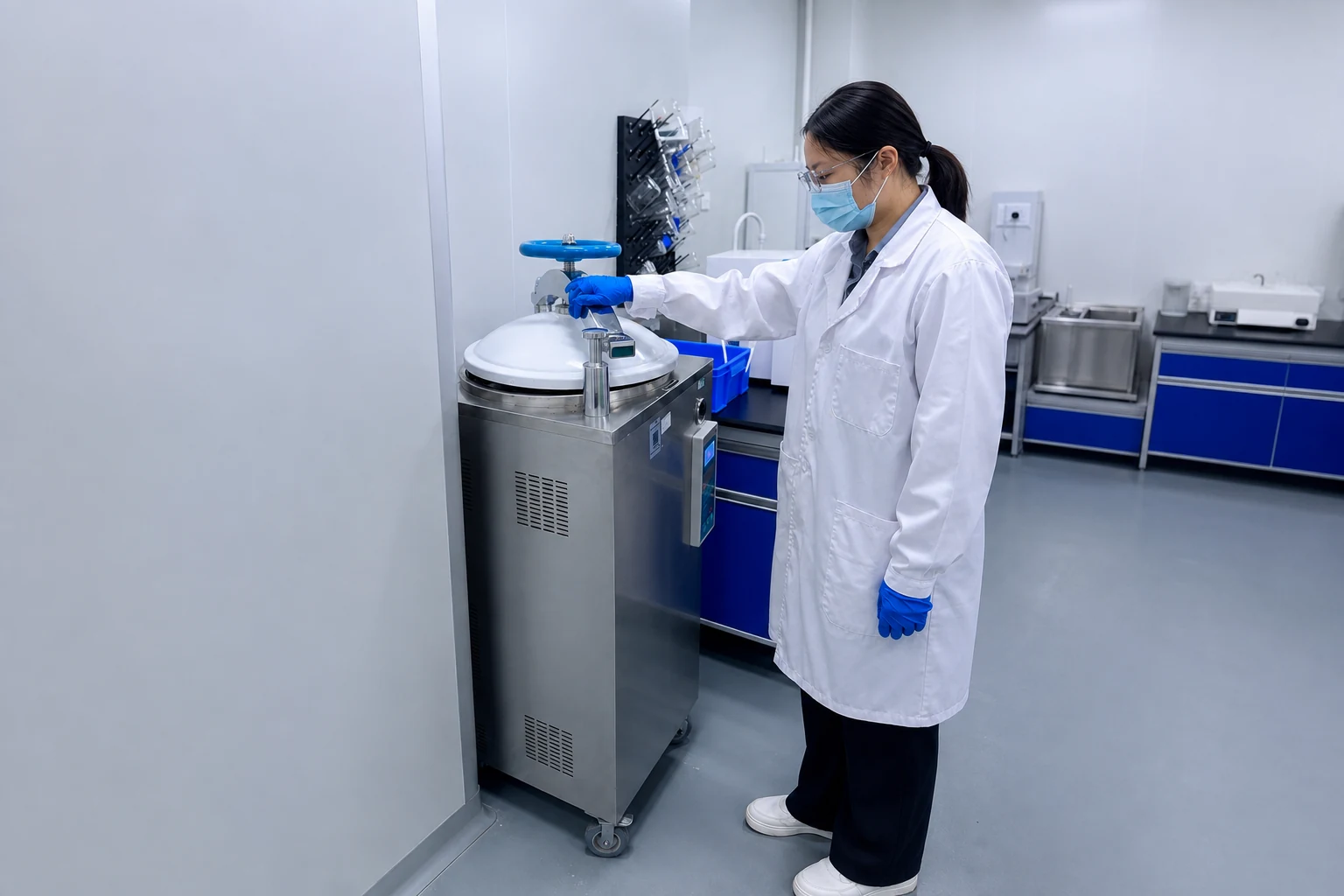 Quality technician operating laboratory equipment for release testing