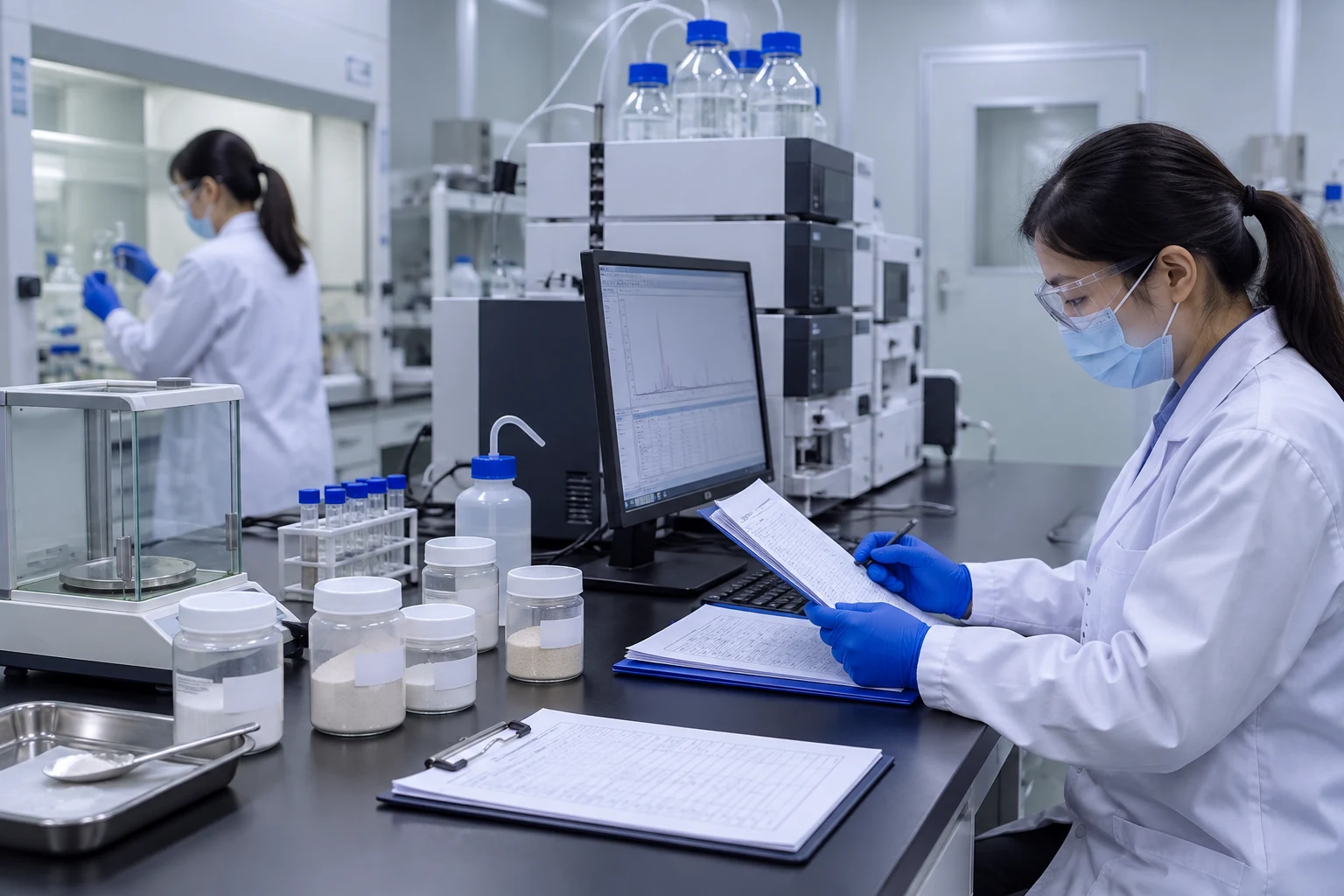 Laboratory team reviewing powder samples methods and batch records