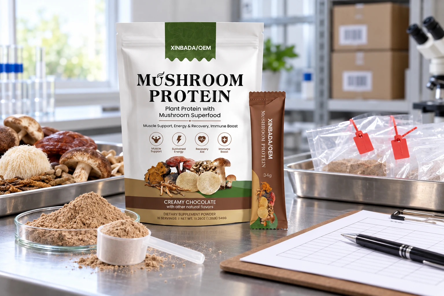 Mushroom protein package in an incoming inspection setting as a product-family visual