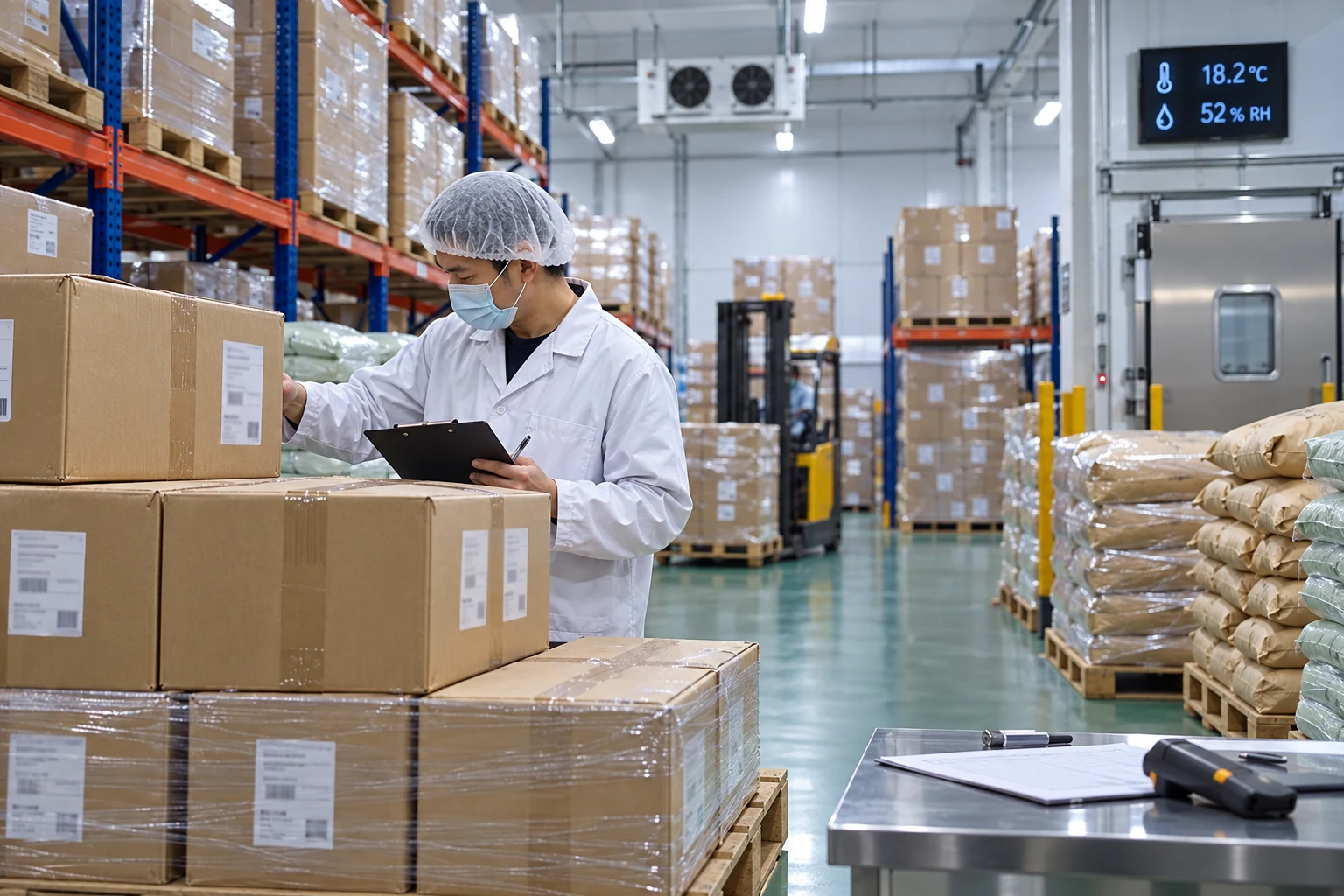 Warehouse inspector checking released protein powder pallets and documentation