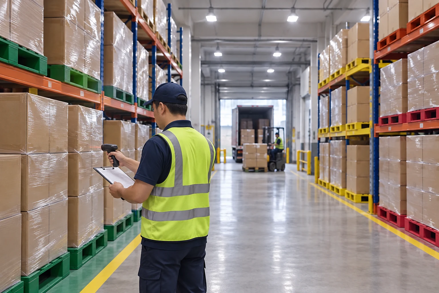 Warehouse team checking pallet status and traceability