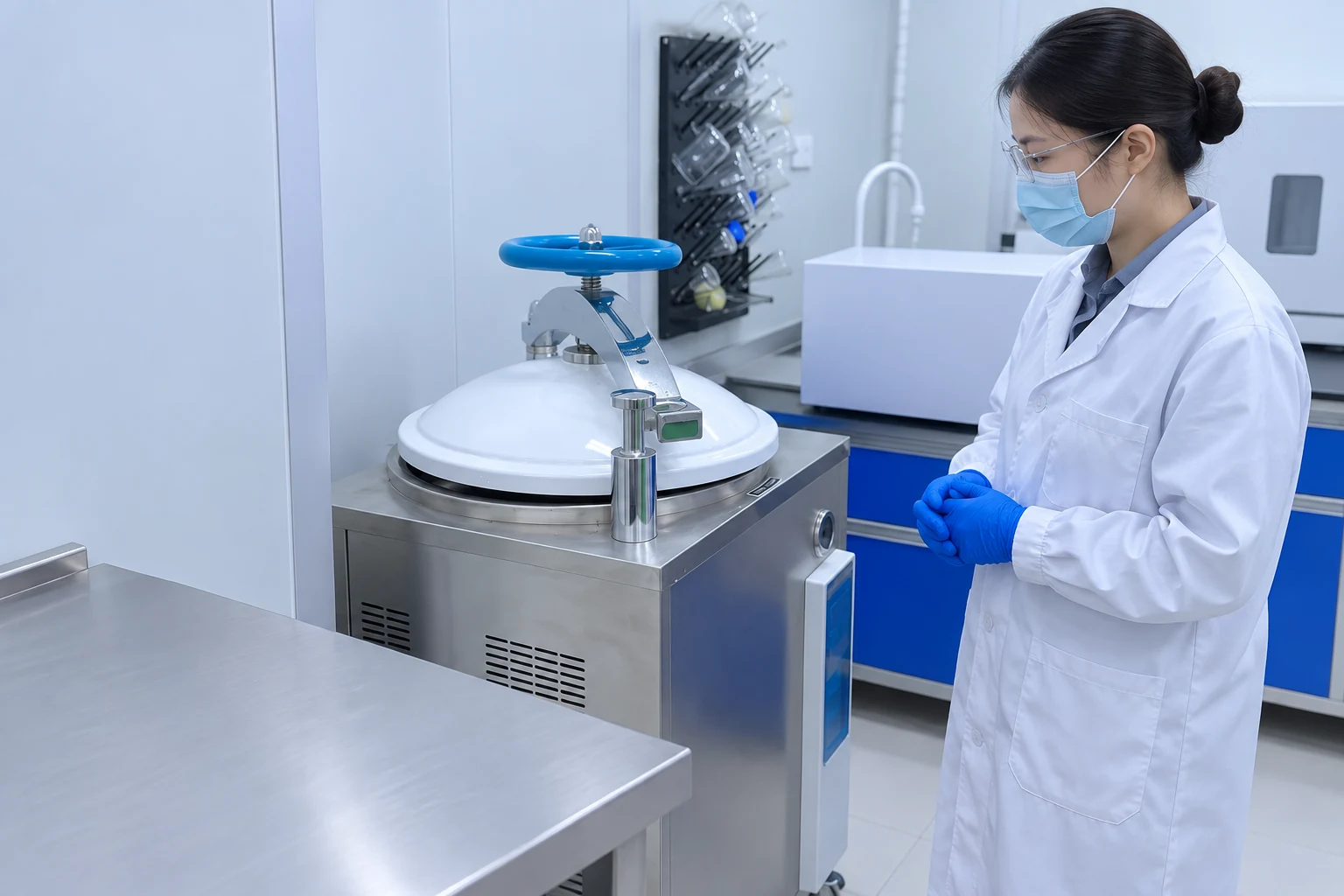AI-regenerated technician beside a stainless laboratory vessel illustrating procedure review