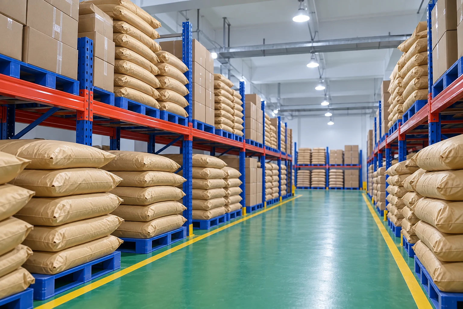 AI-regenerated warehouse aisle with sealed sacks and cartons illustrating storage traceability