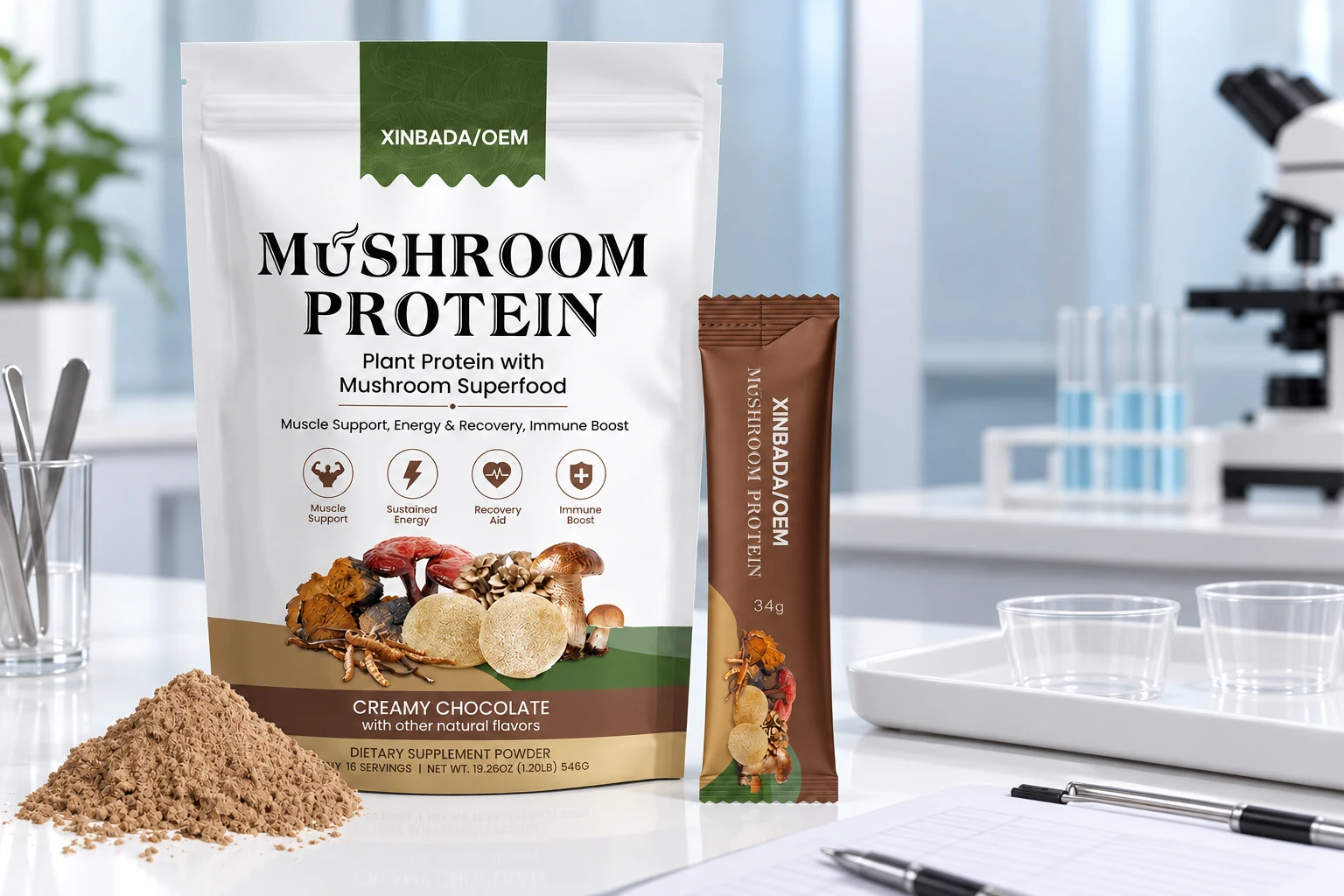 AI-regenerated plant-protein pouch and sachet illustrating portfolio identity checks