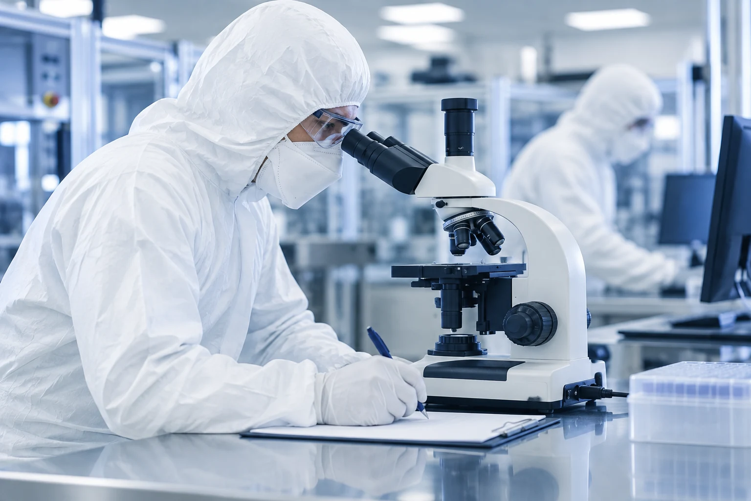 AI-regenerated laboratory analyst and microscope illustrating sample documentation