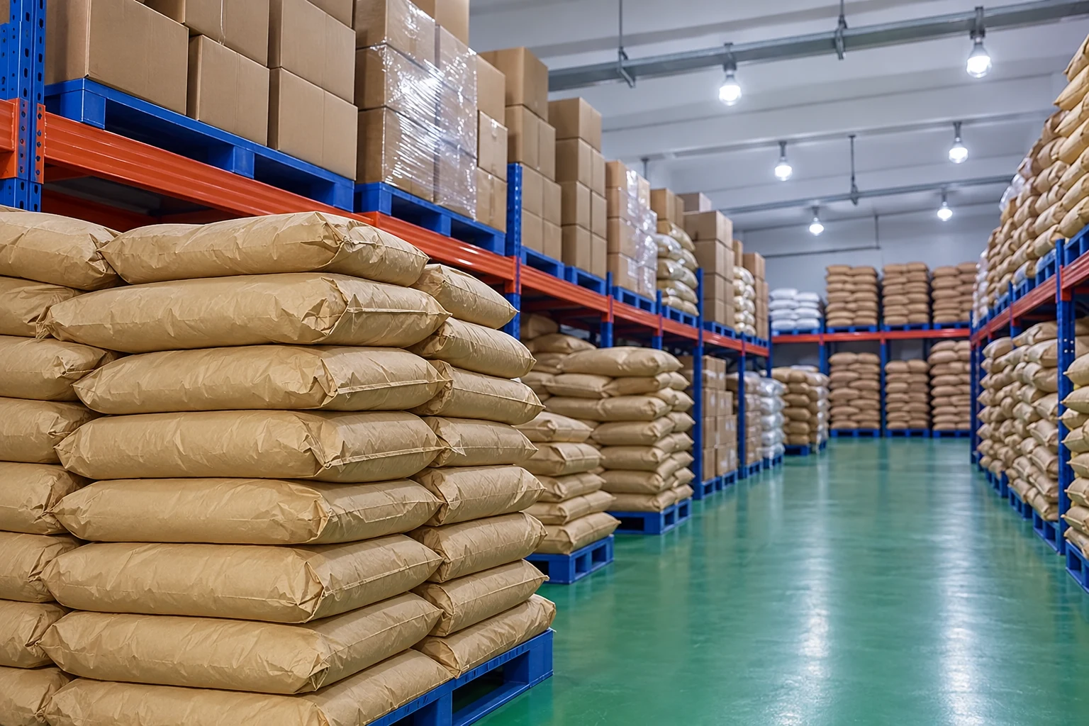 AI-regenerated warehouse sacks and cartons illustrating lot custody