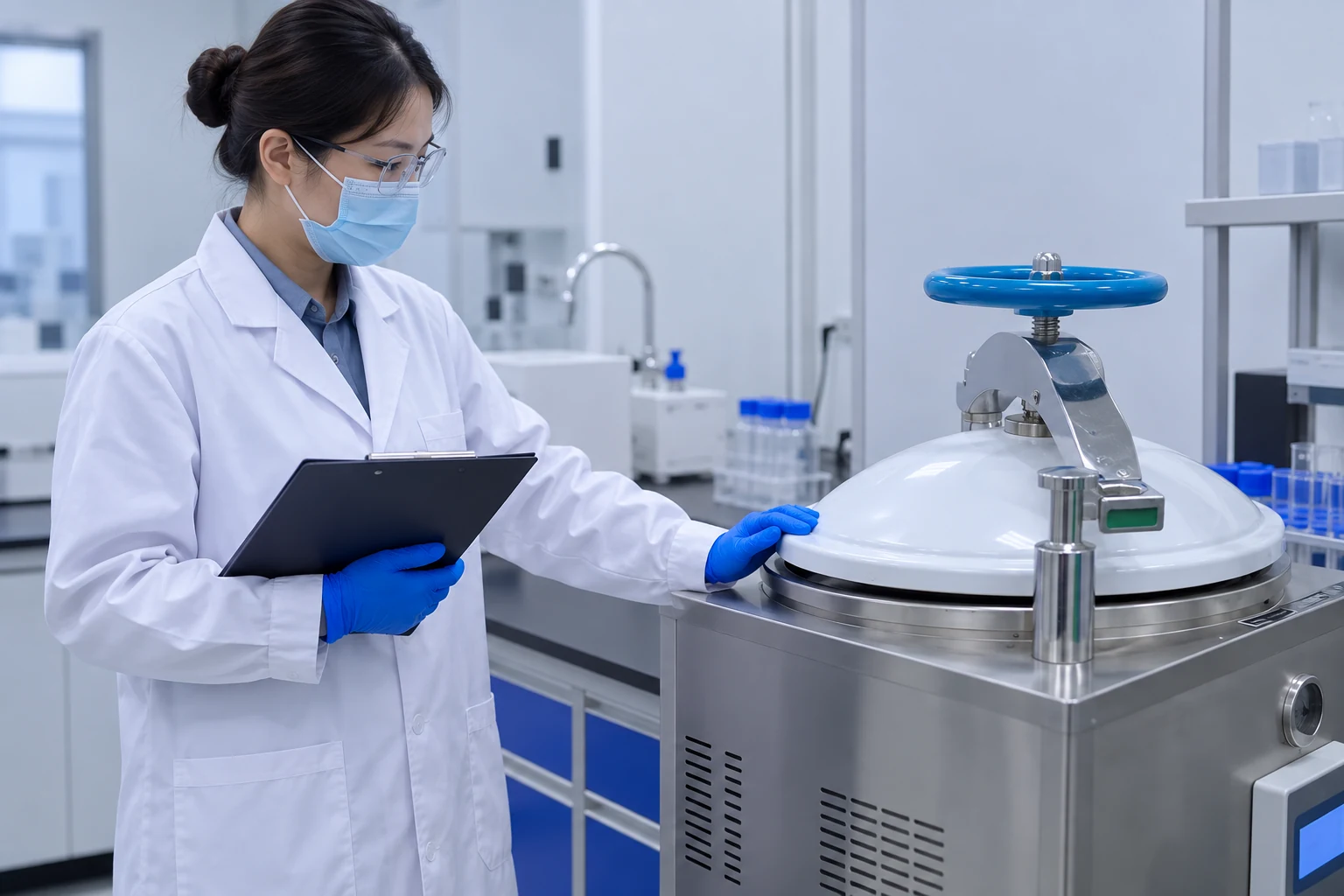 AI-regenerated technician reviewing a stainless laboratory vessel