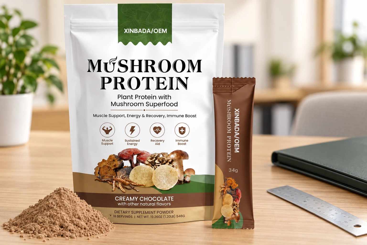 AI-regenerated XINBADA plant-protein pouch and sachet illustrating portfolio identification