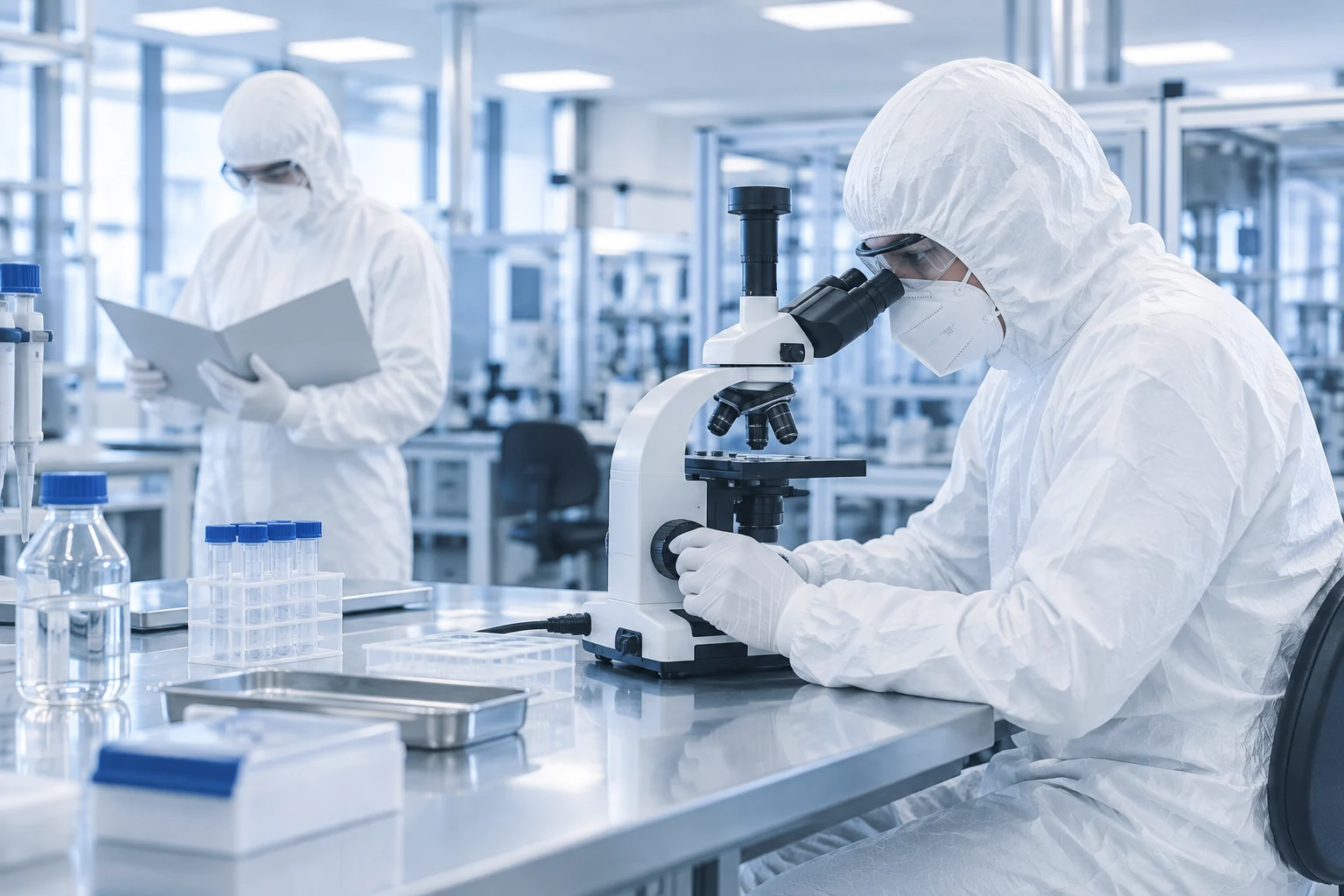 AI-regenerated PPE-clad laboratory analysts illustrating technical quality review