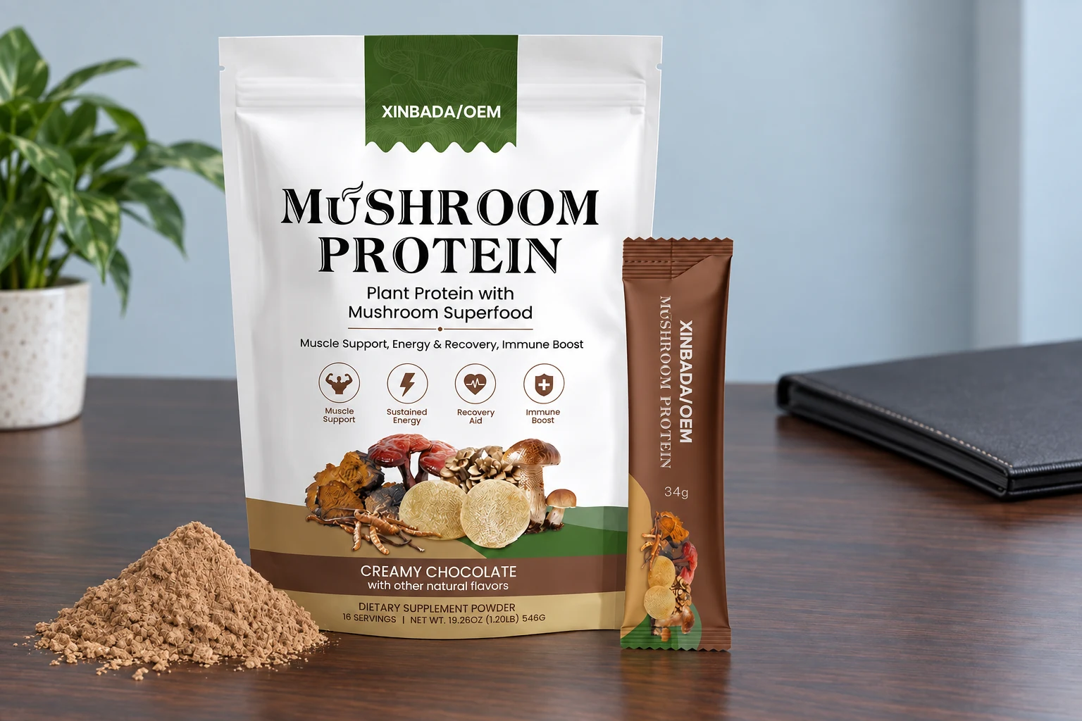 XINBADA mushroom protein pouch and stick in an illustrative packaging review scene